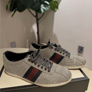 Gucci Silver Glitter Ace Sneaker with Web Stripe